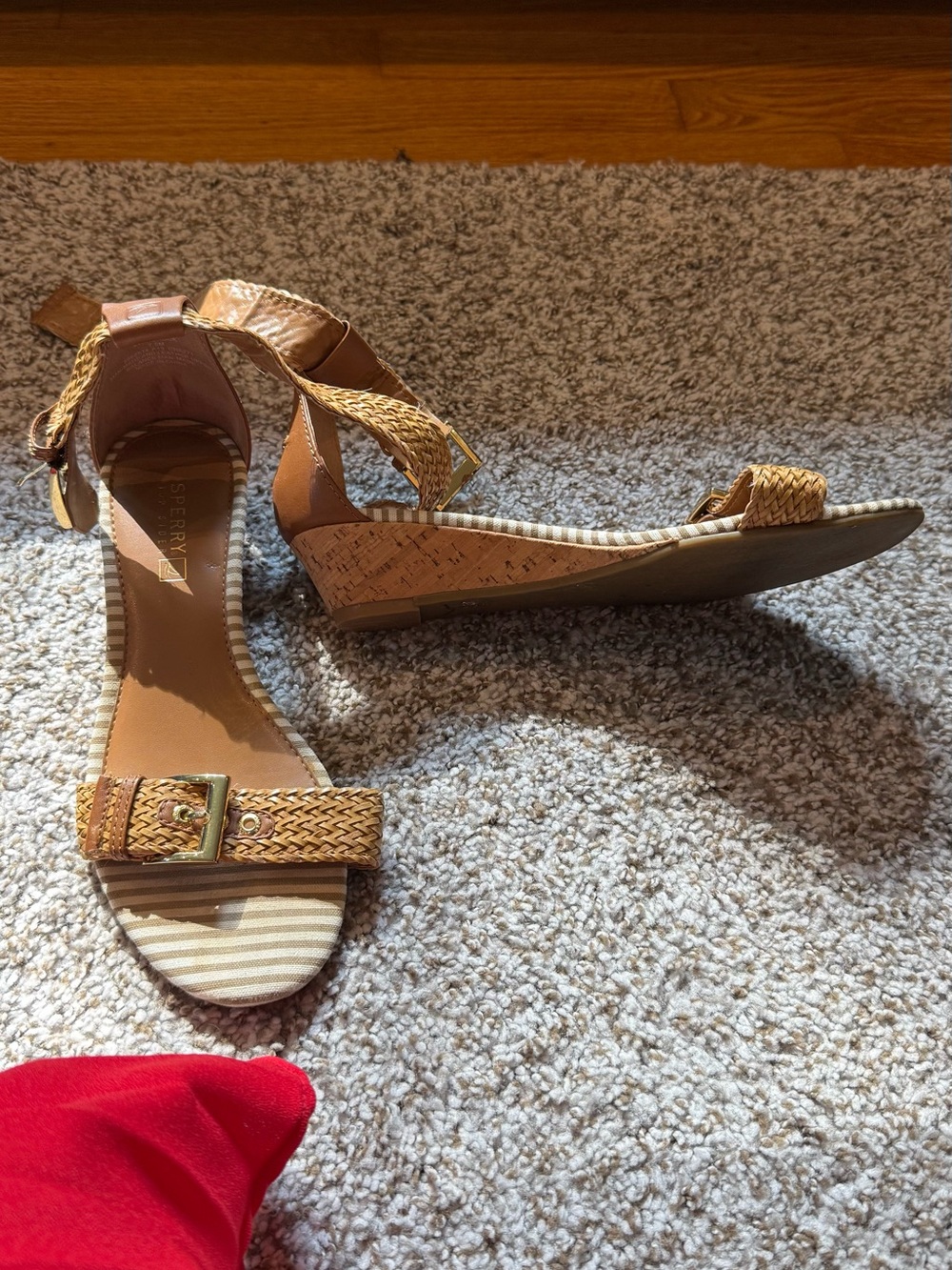 Sperry Tan Braided Wedge Cork Sandals with Ankle Strap 7.5